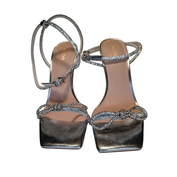 Aldo, Barrona, silver rhinestone strappy 4” heels Dressy, Formal, Bow, women 9 - Picture 7 of 13